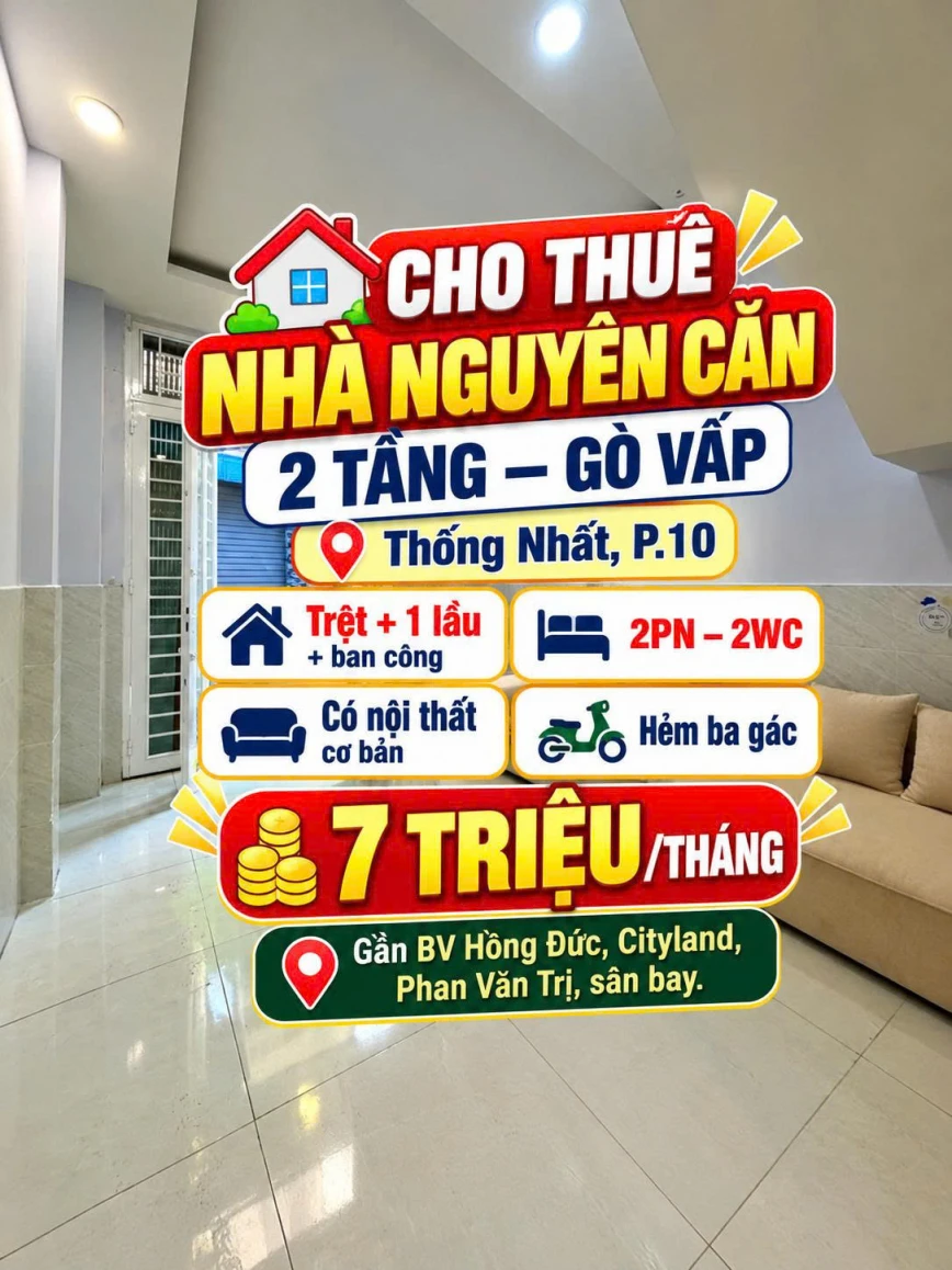 Cho thuê nhà Gò Vấp gần BV Hồng Đức  chỉ 7 trieu , 2pn 2wc