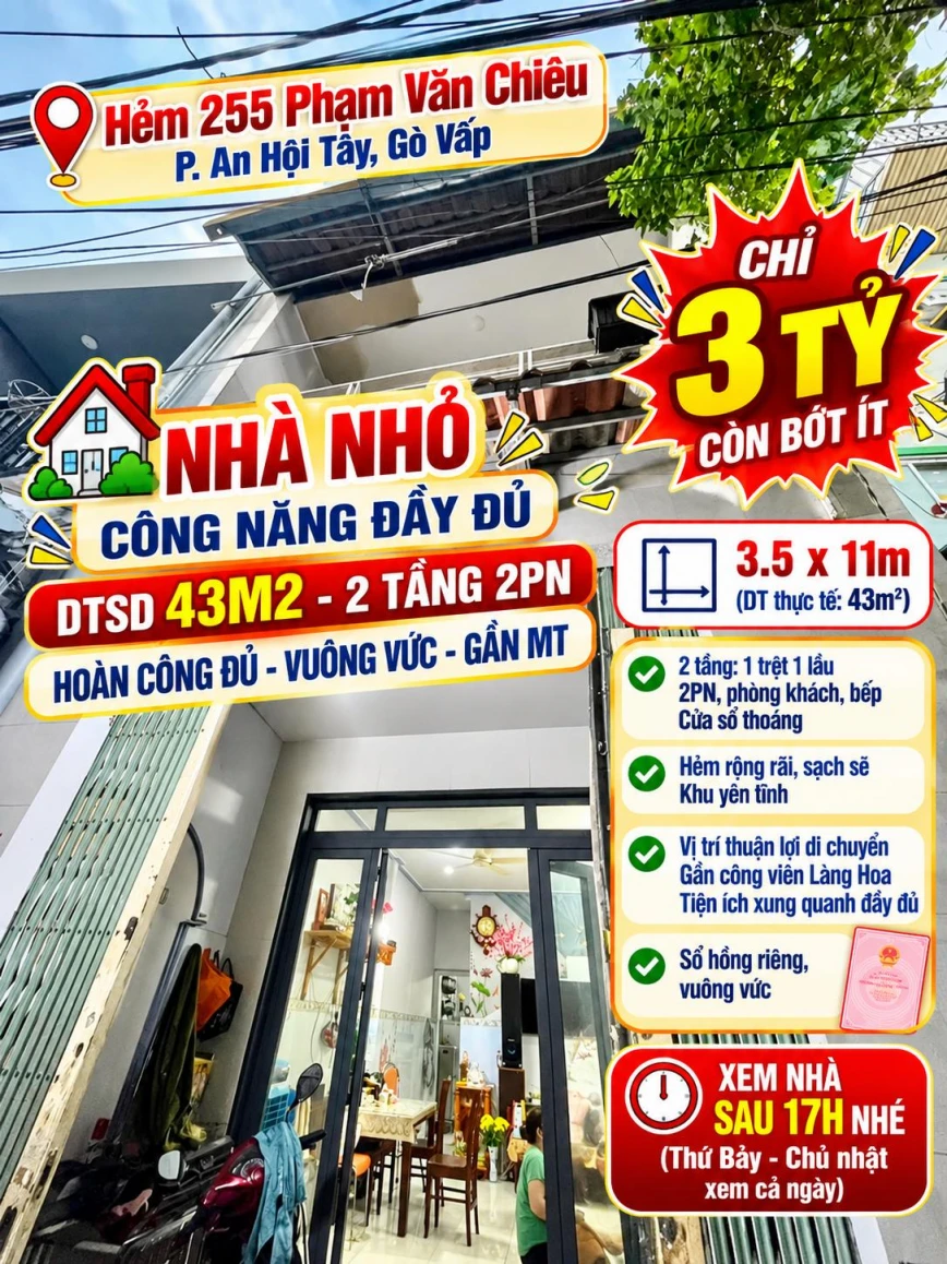 Bán nhà 2 tầng hẻm 255 Phạm Văn Chiêu, Gò Vấp -43m2 chỉ 3ty bớt lộc
