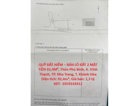 ⭐️Bán lô đất 2 mặt tiền thôn Phú Bình (x.Vĩnh Thạnh), P.Tây Nha Trang, Khánh Hòa; 1,3 tỷ; 0359143412