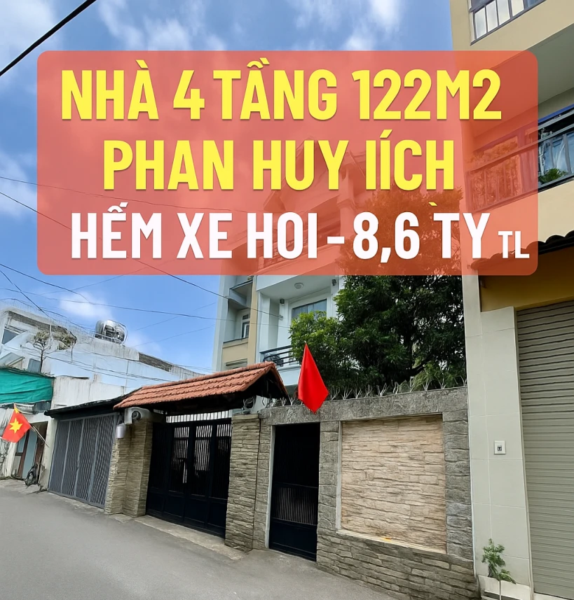 Bán nhà hẻm xe hơi Phan Huy Ích Gò Vấp, gần Emart, 122m², 4 tầng BTCT, sân vườn thoáng mát – 8.6 tỷ TL