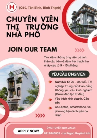  [Q10, Tân Bình, Bình Thạnh – TP.HCM] TUYỂN CHUYÊN VIÊN THỊ TRƯỜNG NHÀ PHỐ 